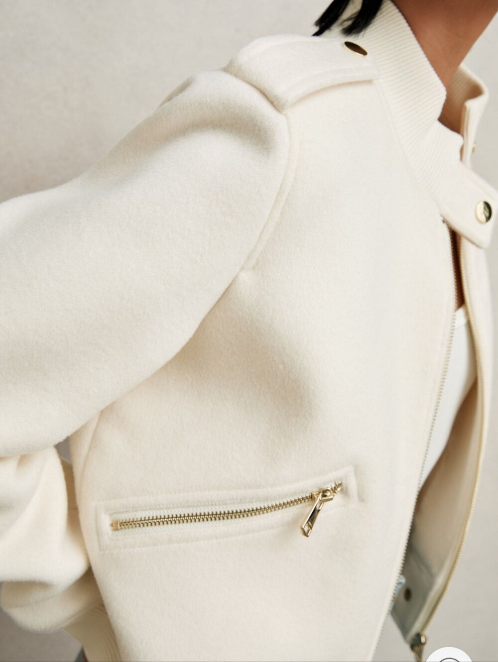 New. No Tag, Epaulette Bomber Jacket Cream with Gold Hardware, Brush Wool. - Picture 3 of 7